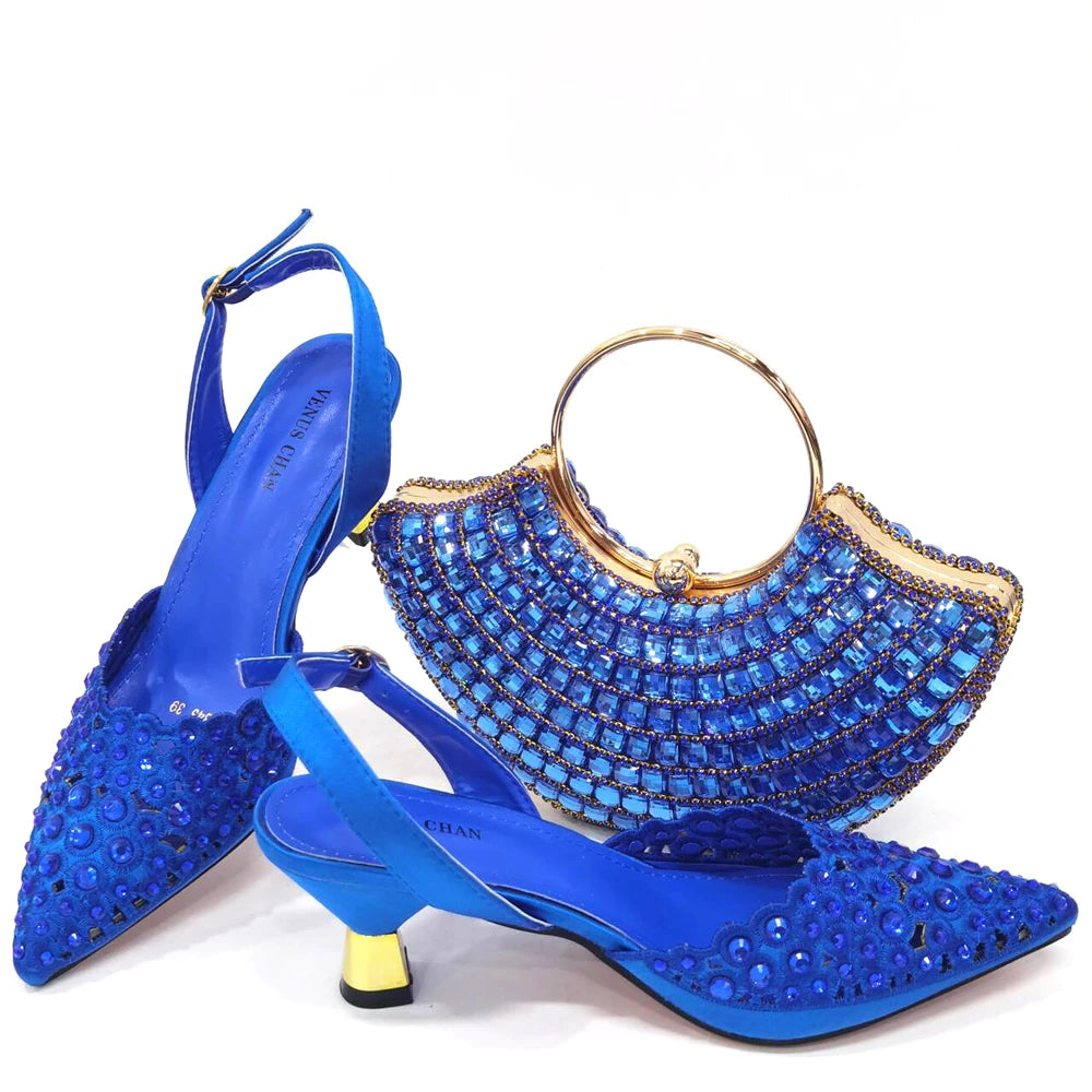 Venus Chan 2024 Latest High Heel Gold Color Atmospheric Luxury Pattern With Rhinestones Party Ladies Shoes And Bag Set