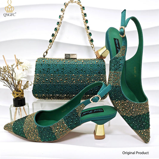 Nigerian Women Heel Party Ladies Italian Design Green Shoes And Bag Set Decorated with Rhinestone Handbag Wedding Party