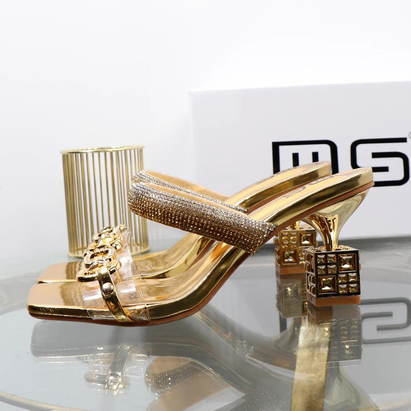 fashion Transparent belt metal decoration box shaped square Alien heel high heels wearing sandals