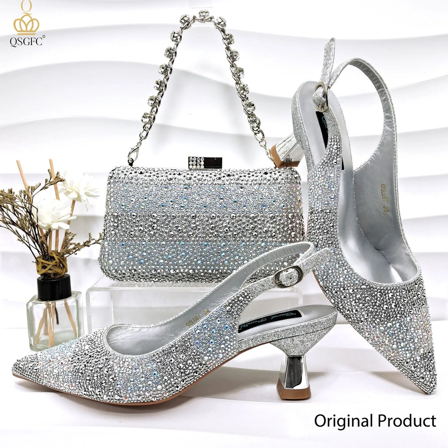 Nigerian Women Heel Party Ladies Italian Design Green Shoes And Bag Set Decorated with Rhinestone Handbag Wedding Party