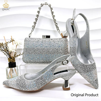 Nigerian Women Heel Party Ladies Italian Design Green Shoes And Bag Set Decorated with Rhinestone Handbag Wedding Party