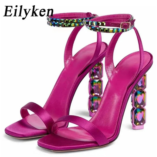 Crystal Embellished High Heel Sandals Women Diamond Open Toe Ankle Strap Silk Satin Rhinestone Banquet Shoes