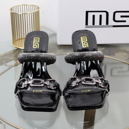 fashion Transparent belt metal decoration box shaped square Alien heel high heels wearing sandals