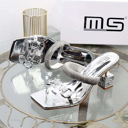 fashion Transparent belt metal decoration box shaped square Alien heel high heels wearing sandals