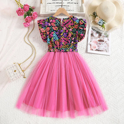 Summer Girl Dress Print Rose Petal sleeve Gauze Dress & Belt Casual Vacation Style Birthday Party Clothes For 8-12 Years Kids