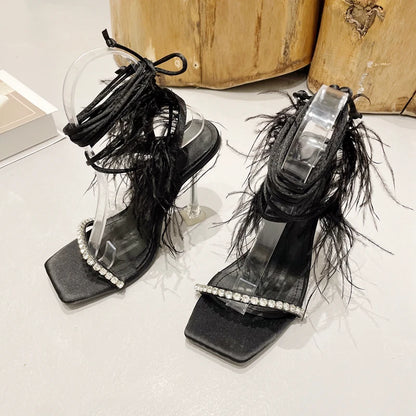 Womens Sandals Fashion Fuzzy Feather Summer Transparent High Heels Sexy Nightclub Stripper Shoes Purple Green