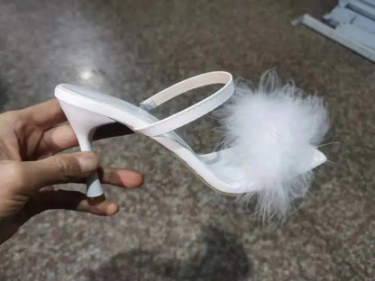 Toe Sexy High Heels Women Shoes Fur Feather Lady Fashion Wedding Slip-On Pink Square Toe Women Sandals