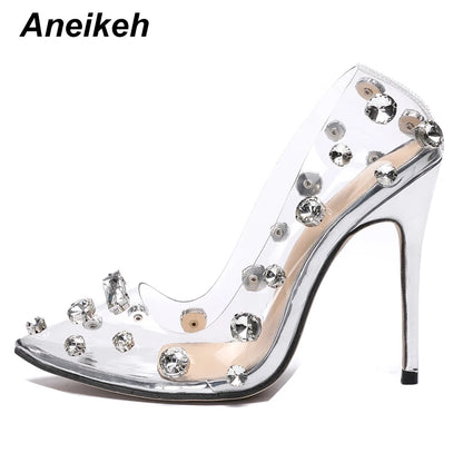 Sexy Rivet Crystal Women Pumps PVC Transparent High Heels Sexy Nightclub Prom Female Sandals Party Wedding Shoes 35~42