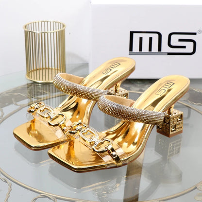 fashion Transparent belt metal decoration box shaped square Alien heel high heels wearing sandals