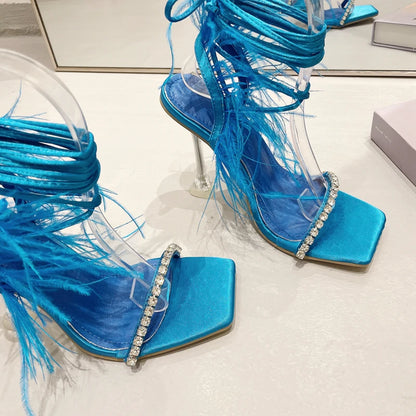 Womens Sandals Fashion Fuzzy Feather Summer Transparent High Heels Sexy Nightclub Stripper Shoes Purple Green