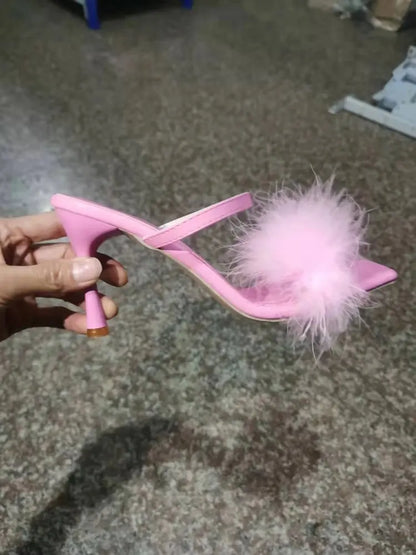Toe Sexy High Heels Women Shoes Fur Feather Lady Fashion Wedding Slip-On Pink Square Toe Women Sandals