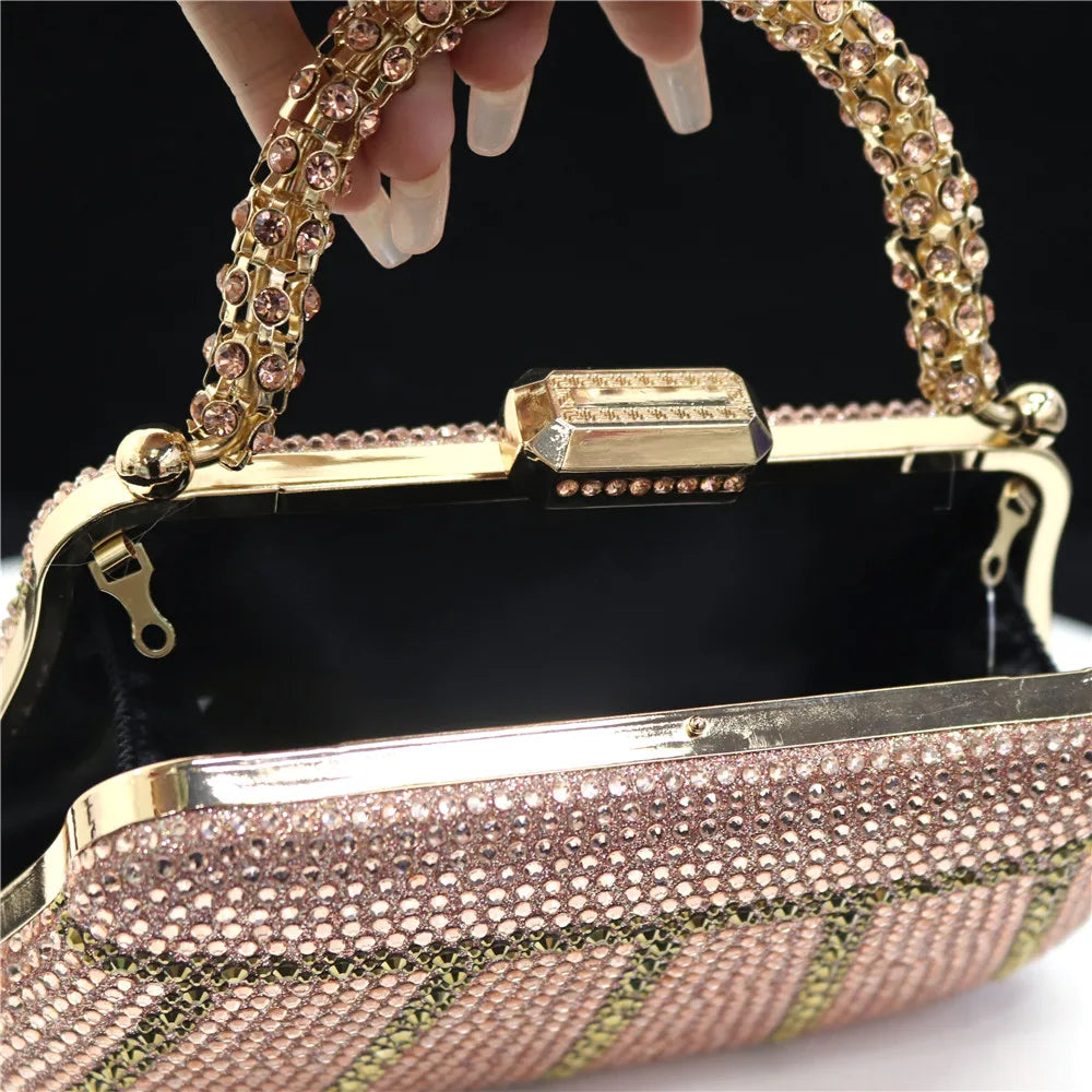 Popular In Nigeria Exquisite Evening Bags With Diamond Design Fashion Handle Clutch Rhinestone Embellished Long Chain Bag