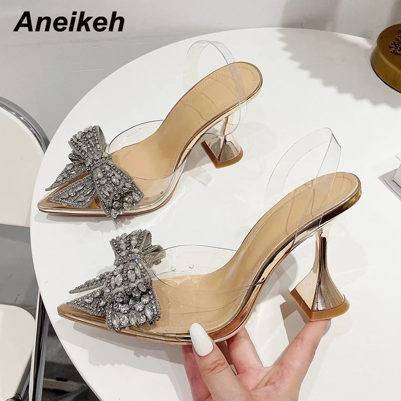 Women Fashion Shoe Sexy High Heel Ankle Slingbacks Buckle Strap Pointed Toe Butterfly-Knot Decoration Pumps