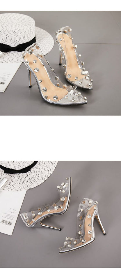 Sexy Rivet Crystal Women Pumps PVC Transparent High Heels Sexy Nightclub Prom Female Sandals Party Wedding Shoes 35~42