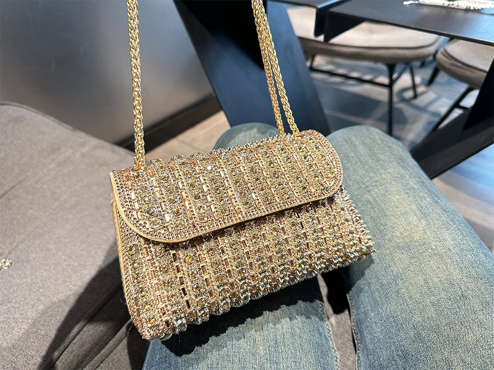 JIOMAY Glamorous Wallets for Women Luxury Designer Bags Diamond Shoulder Bag Women Party Bag Portable Messenger Bag Gold Bag