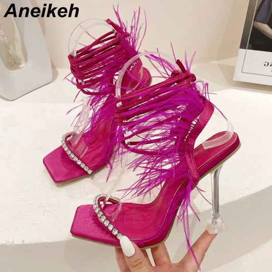 Sexy Rhinestone Feather Women Sandals Lace-up Summer Shoes Ankle Strap Gladiator Squared Toe Thin Heels Size 35-41