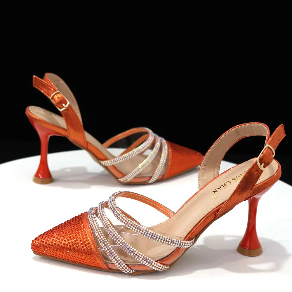 Orange Color Elegant High Heels Nigeria Popular Design African Ladies Shoes And Bag Set