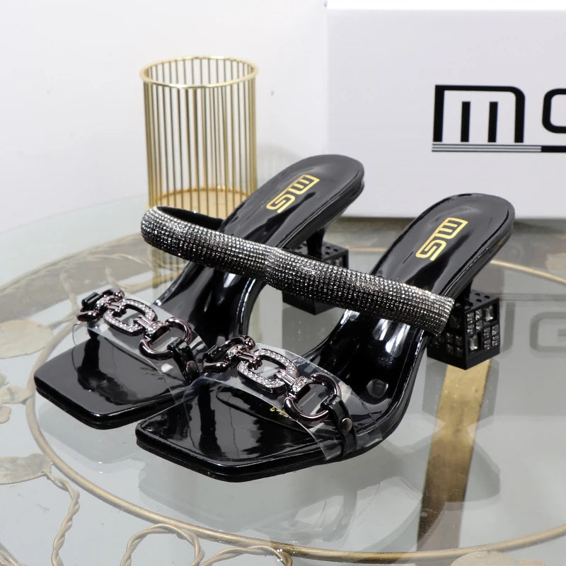 fashion Transparent belt metal decoration box shaped square Alien heel high heels wearing sandals