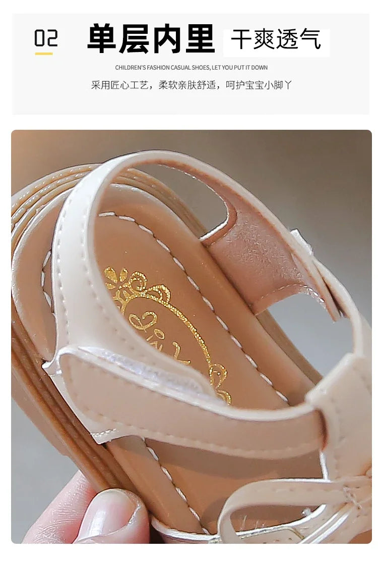 Summer Girls Flat Sandals Hollow Breathable Comfortable Upper Buckle Decoration Soft Bottom Non-slip Children's Shoes