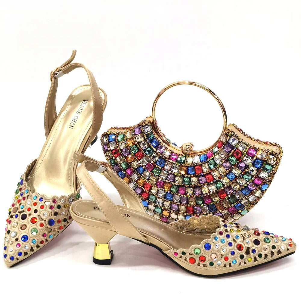 Venus Chan 2024 Latest High Heel Gold Color Atmospheric Luxury Pattern With Rhinestones Party Ladies Shoes And Bag Set