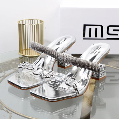 fashion Transparent belt metal decoration box shaped square Alien heel high heels wearing sandals