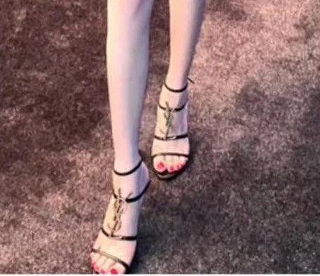 2024 Early Spring French Letters Gold Buckle High Heels Black Genuine Leather Womens Shoes Open Toe Stiletto Temperament Sandals