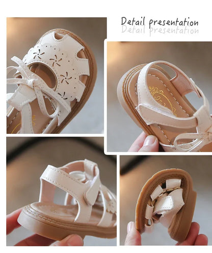 Summer Girls Flat Sandals Hollow Breathable Comfortable Upper Buckle Decoration Soft Bottom Non-slip Children's Shoes