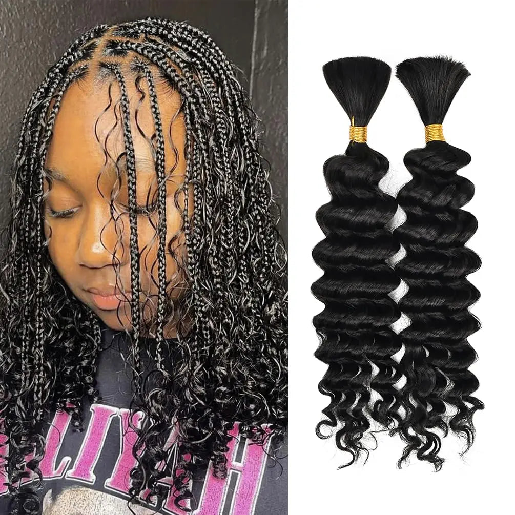 2 Bundles Human Braiding Hair for Boho Braids, 14Inch 100G 10A Brazilian Virgin Deep Wave Bulk Human Hair for Braiding