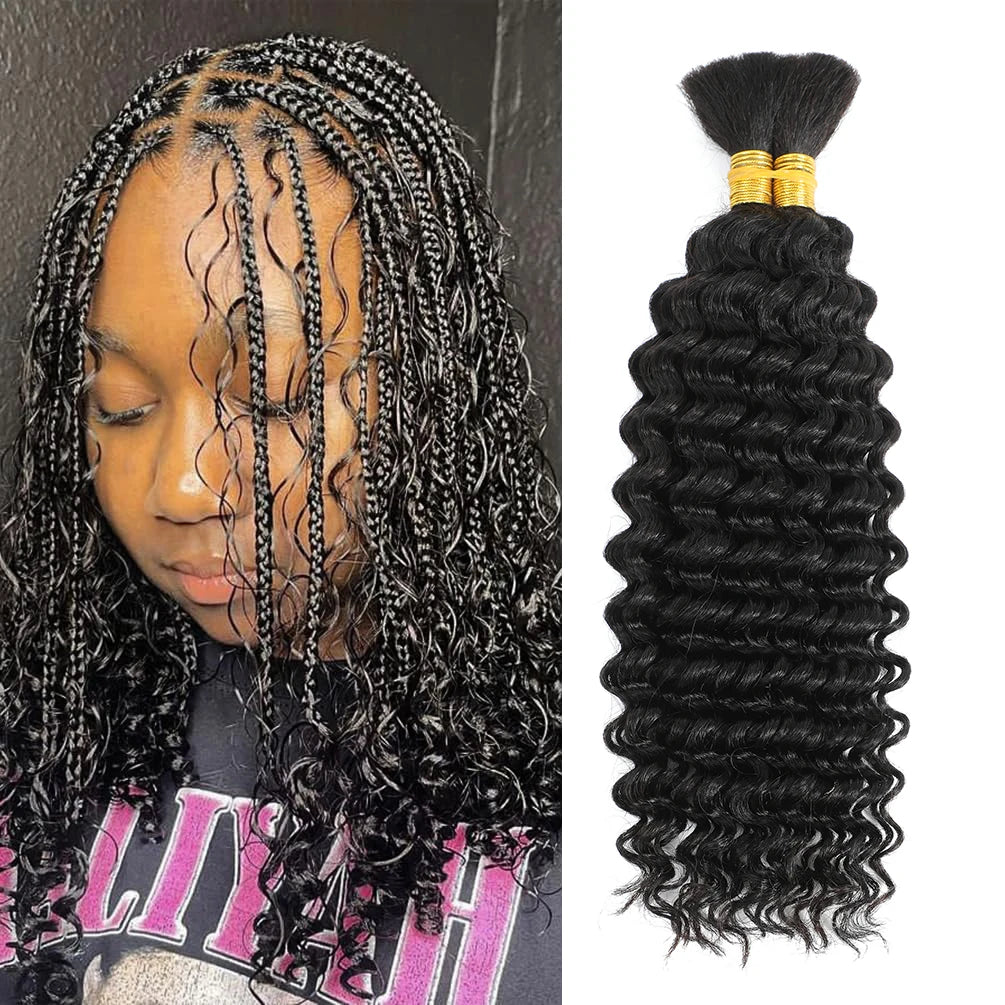 2 Bundles Human Braiding Hair for Boho Braids, 14Inch 100G 10A Brazilian Virgin Deep Wave Bulk Human Hair for Braiding