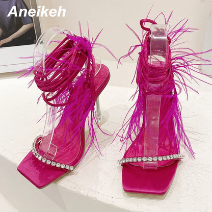 Sexy Rhinestone Feather Women Sandals Lace-up Summer Shoes Ankle Strap Gladiator Squared Toe Thin Heels Size 35-41