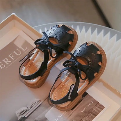 Summer Girls Flat Sandals Hollow Breathable Comfortable Upper Buckle Decoration Soft Bottom Non-slip Children's Shoes