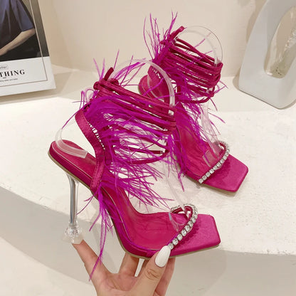 Womens Sandals Fashion Fuzzy Feather Summer Transparent High Heels Sexy Nightclub Stripper Shoes Purple Green