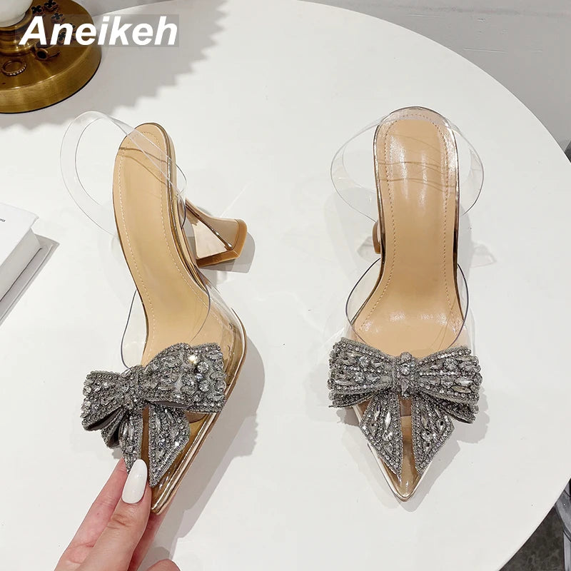 Women Fashion Shoe Sexy High Heel Ankle Slingbacks Buckle Strap Pointed Toe Butterfly-Knot Decoration Pumps