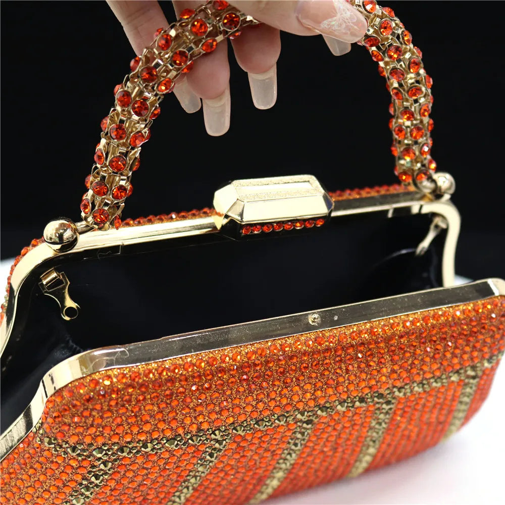 Popular In Nigeria Exquisite Evening Bags With Diamond Design Fashion Handle Clutch Rhinestone Embellished Long Chain Bag