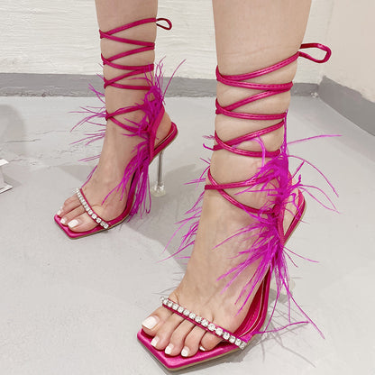 Sexy Rhinestone Feather Women Sandals Lace-up Summer Shoes Ankle Strap Gladiator Squared Toe Thin Heels Size 35-41