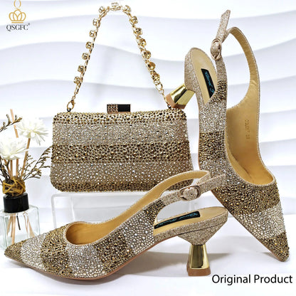 Nigerian Women Heel Party Ladies Italian Design Green Shoes And Bag Set Decorated with Rhinestone Handbag Wedding Party