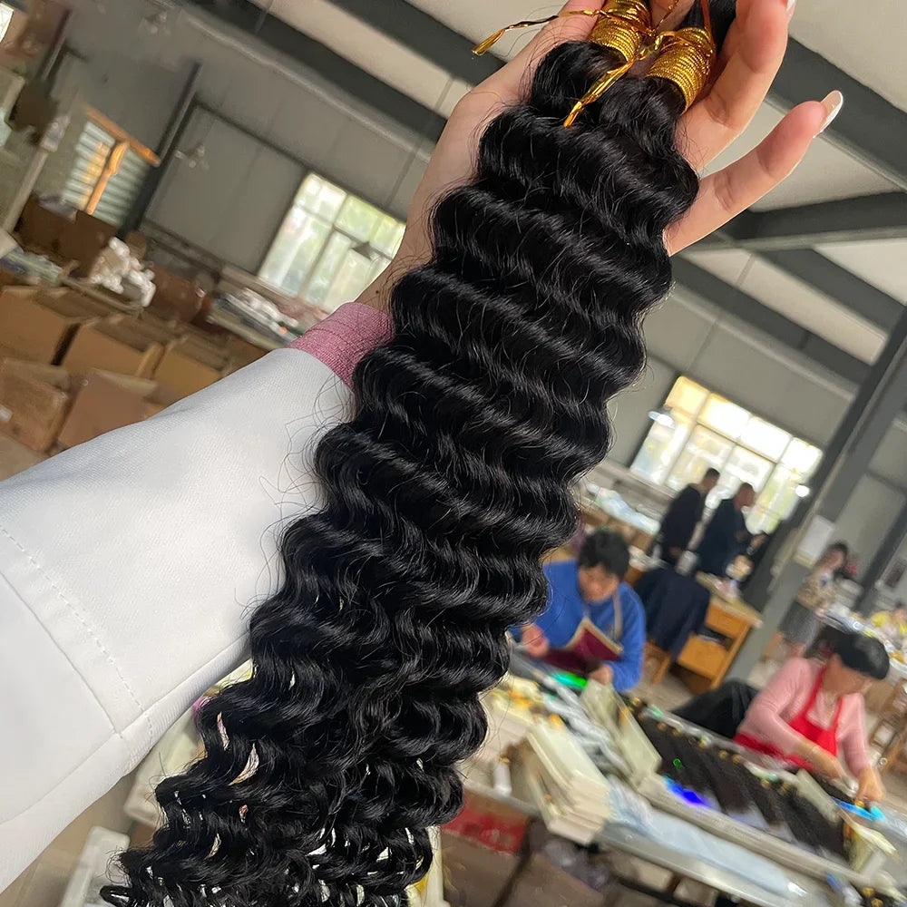 2 Bundles Human Braiding Hair for Boho Braids, 14Inch 100G 10A Brazilian Virgin Deep Wave Bulk Human Hair for Braiding