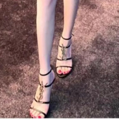 2024 Early Spring French Letters Gold Buckle High Heels Black Genuine Leather Womens Shoes Open Toe Stiletto Temperament Sandals