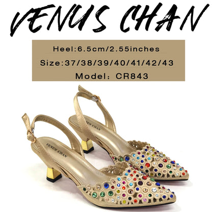 Venus Chan 2024 Latest High Heel Gold Color Atmospheric Luxury Pattern With Rhinestones Party Ladies Shoes And Bag Set