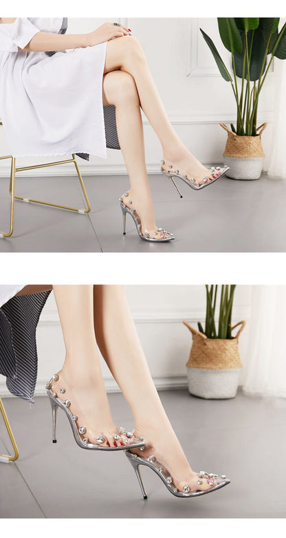 Sexy Rivet Crystal Women Pumps PVC Transparent High Heels Sexy Nightclub Prom Female Sandals Party Wedding Shoes 35~42