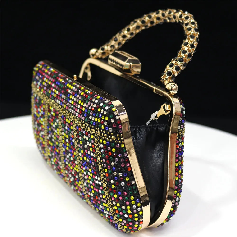 Popular In Nigeria Exquisite Evening Bags With Diamond Design Fashion Handle Clutch Rhinestone Embellished Long Chain Bag