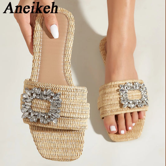 Summer Casual Fashion Square Headed Cane Knitted Flat Heels for Women Slippers Flat Bottom Crystal Sandals Beach Slides