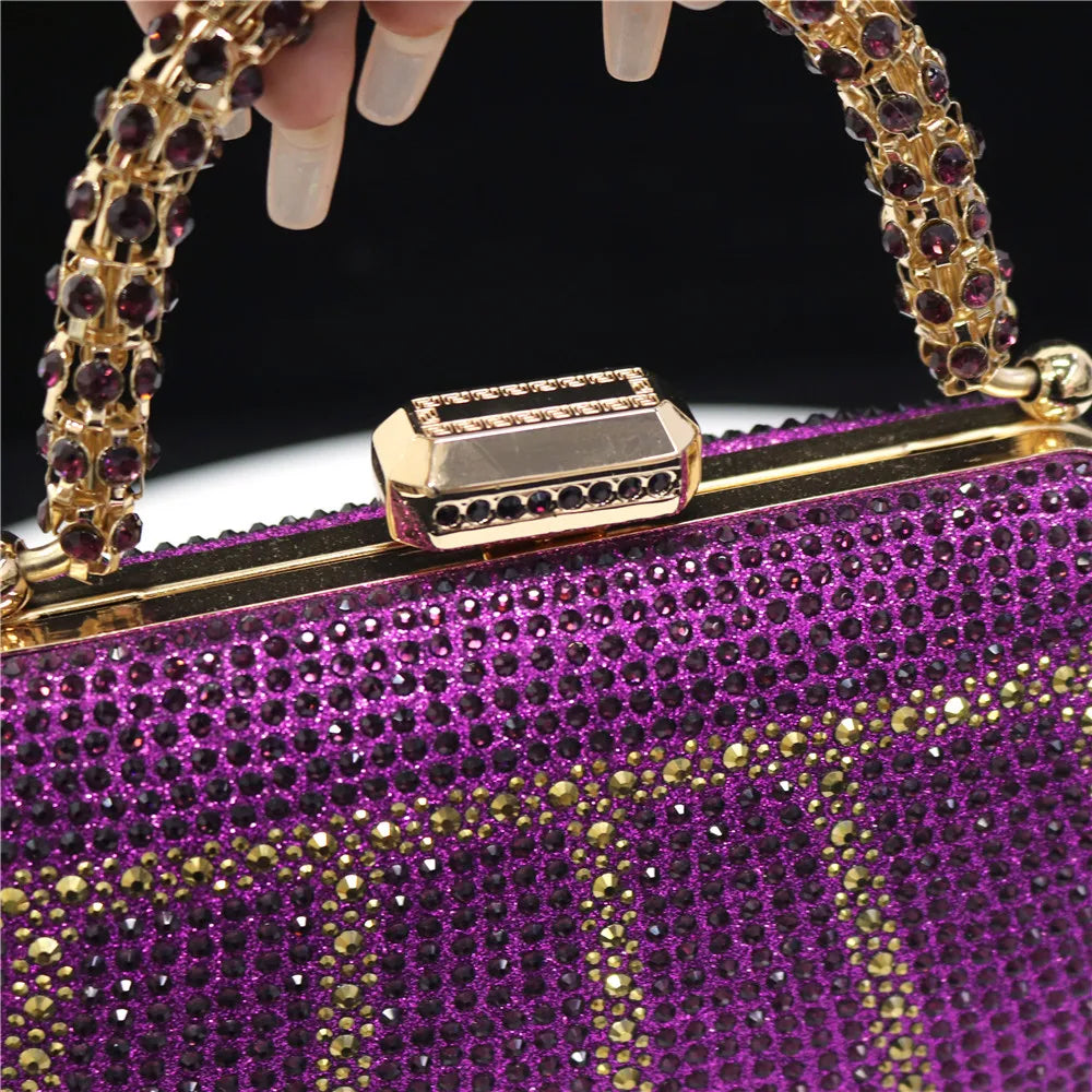 Popular In Nigeria Exquisite Evening Bags With Diamond Design Fashion Handle Clutch Rhinestone Embellished Long Chain Bag