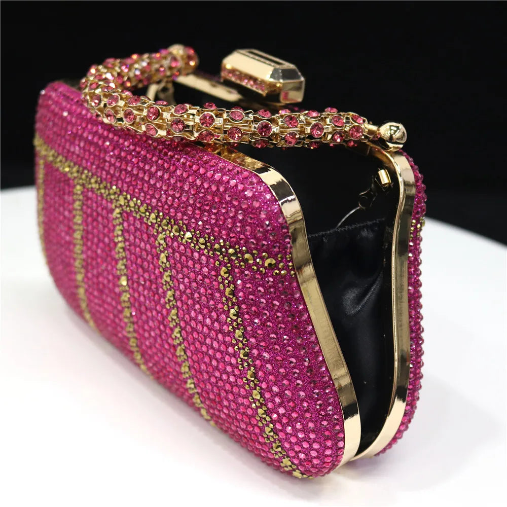 Popular In Nigeria Exquisite Evening Bags With Diamond Design Fashion Handle Clutch Rhinestone Embellished Long Chain Bag