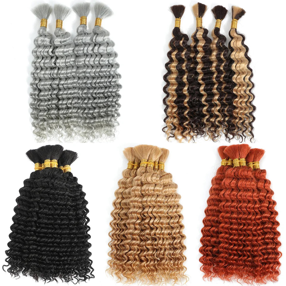 2 Bundles Human Braiding Hair for Boho Braids, 14Inch 100G 10A Brazilian Virgin Deep Wave Bulk Human Hair for Braiding