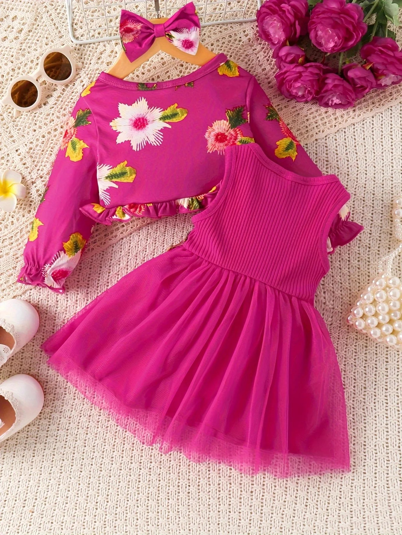 New Baby Girl Spring and Autumn Style Sleeveless Waist Flower Design Spliced Dress+Small Coat