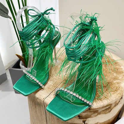 Sexy Rhinestone Feather Women Sandals Lace-up Summer Shoes Ankle Strap Gladiator Squared Toe Thin Heels Size 35-41