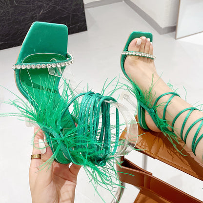 Sexy Rhinestone Feather Women Sandals Lace-up Summer Shoes Ankle Strap Gladiator Squared Toe Thin Heels Size 35-41