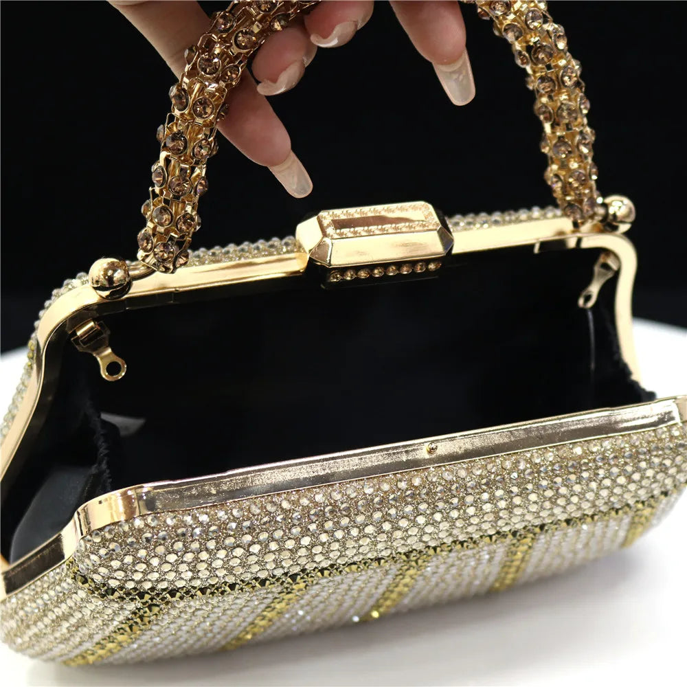 Popular In Nigeria Exquisite Evening Bags With Diamond Design Fashion Handle Clutch Rhinestone Embellished Long Chain Bag