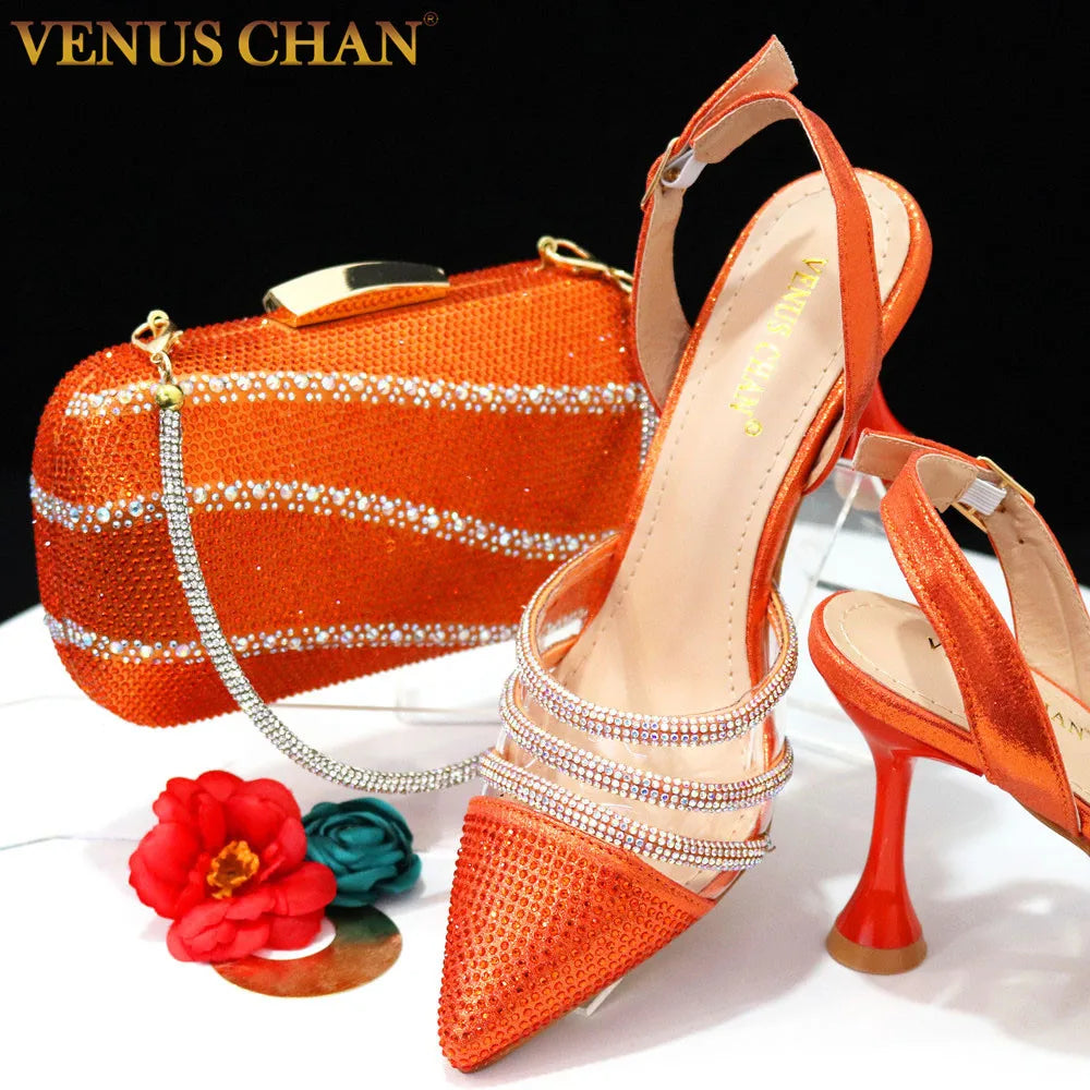 Orange Color Elegant High Heels Nigeria Popular Design African Ladies Shoes And Bag Set